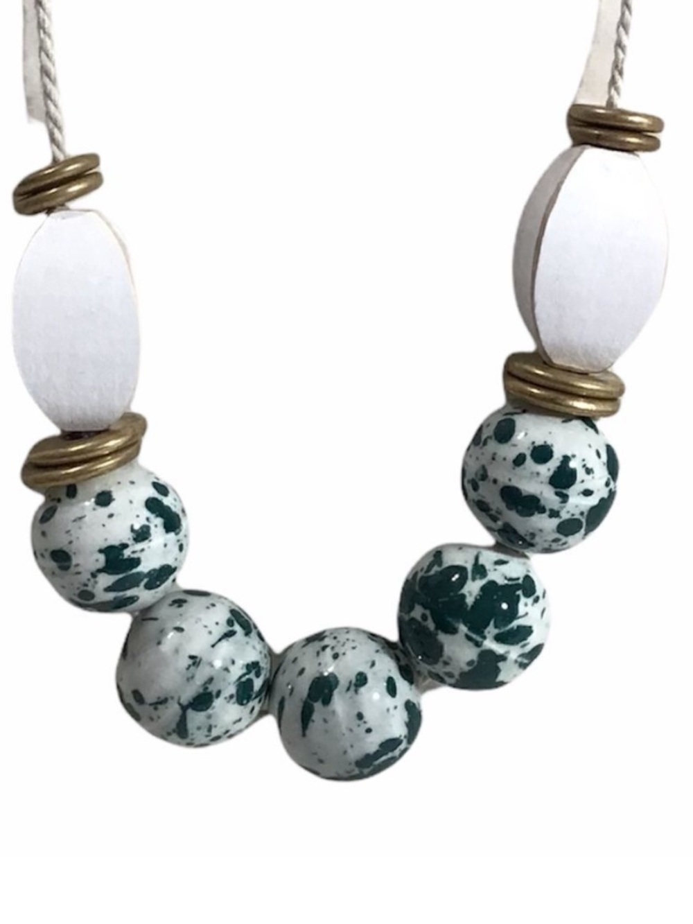 Anthropologie Green And White Large Bead Cord Necklace